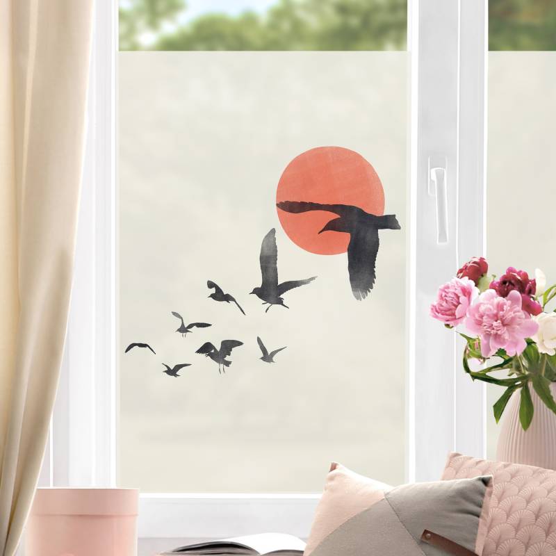 Fensterfolie Vogelschwarm vor Sonne