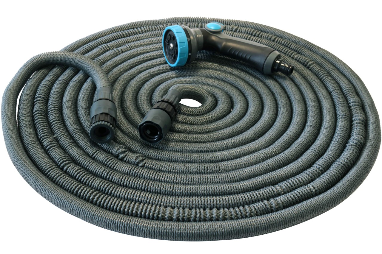 Flexibler Gartenschlauch 30m grau mit Zubehör und Netztasche