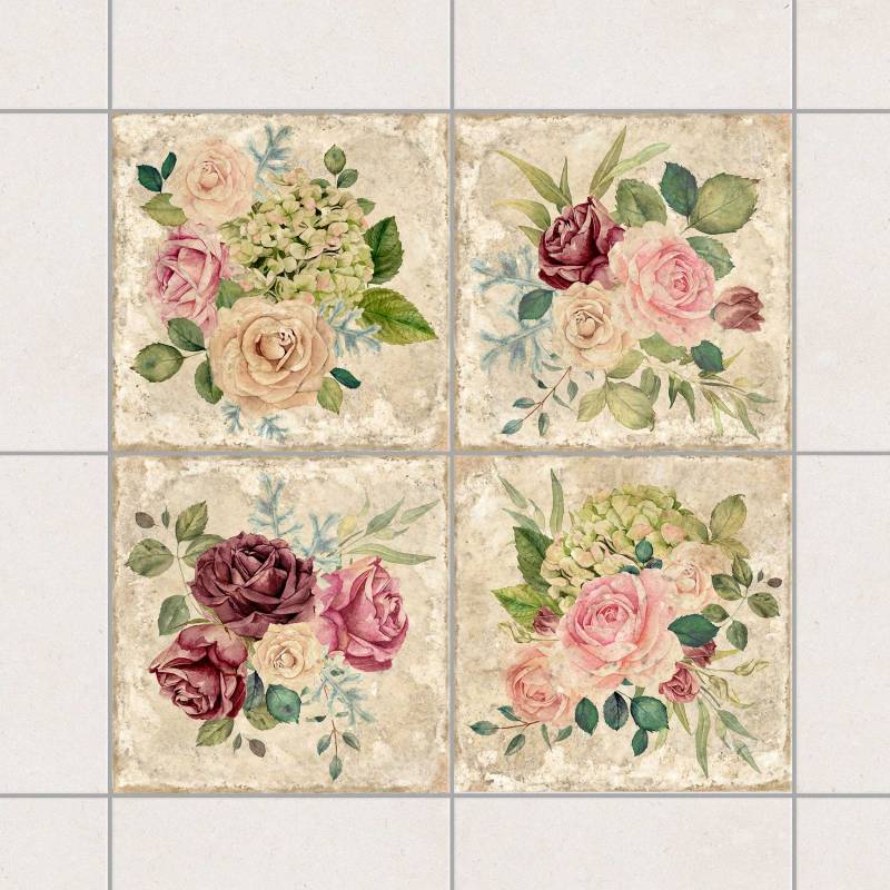 Fliesenaufkleber Vintage Rosen und Hortensien