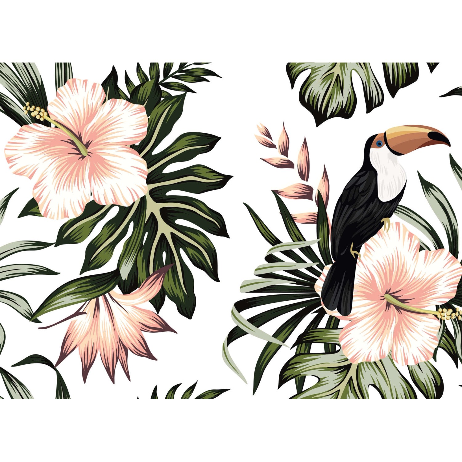 Fototapete Blumen Palmen Vögel Weiß Rosa Grün 3,50 m x 2,55 m FSC® von -
