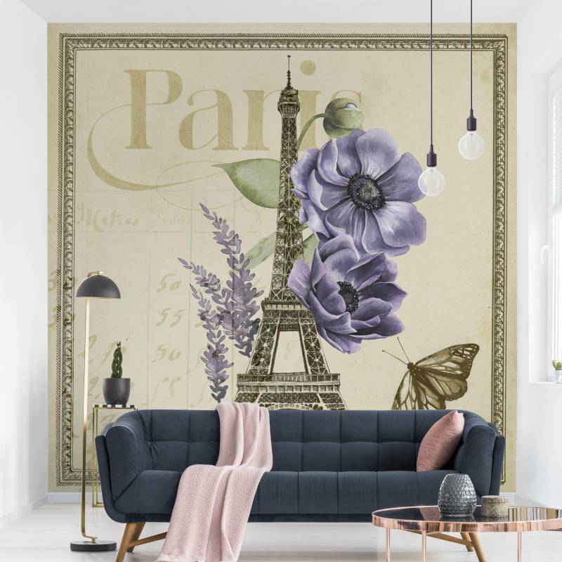 Fototapete Blumen Paris Collage Eiffelturm