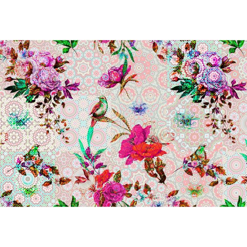 Fototapete Blumen Vögel Mosaik Grafik Bunt 4,00 m x 2,70 m FSC® von -