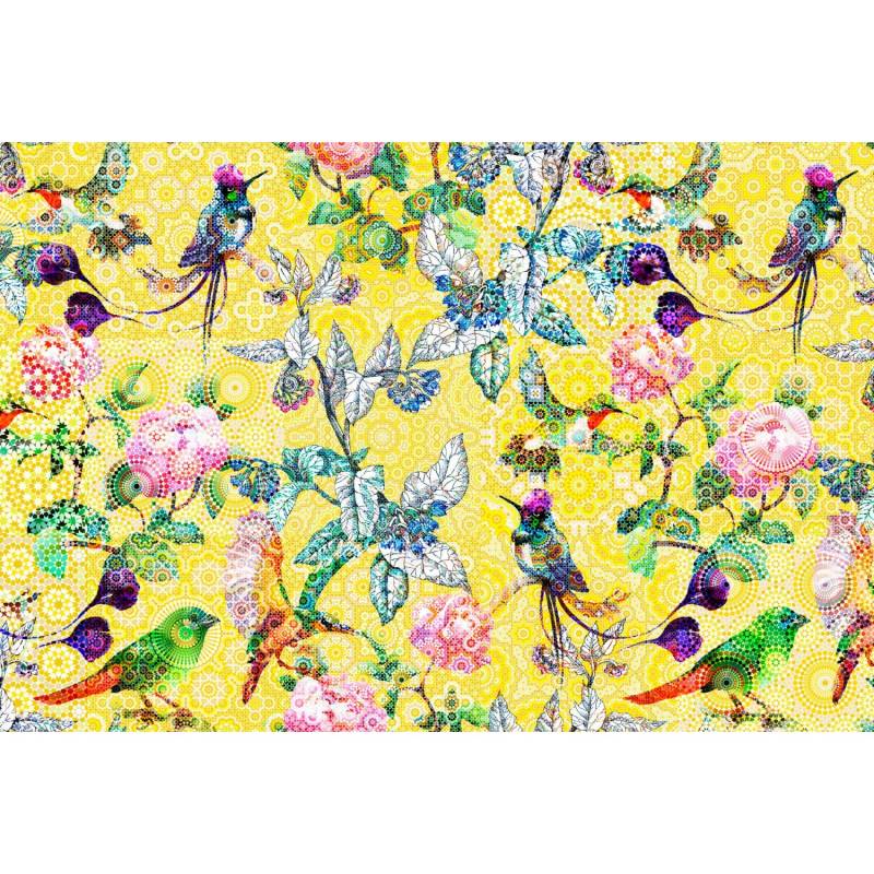 Fototapete Blumen Vögel Mosaik Grafik Bunt Gelb Blau 4,00 m x 2,70 m FSC® von -
