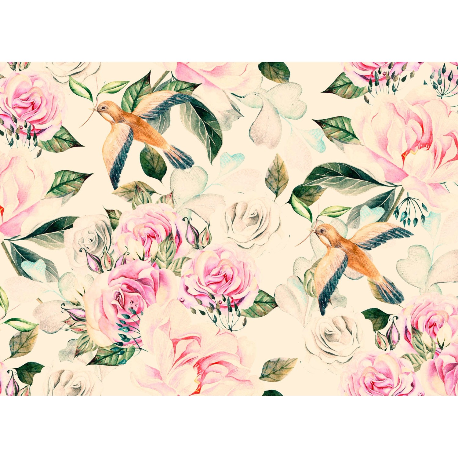Fototapete Blumen Vögel Rosa Grün Blau Braun 3,50 m x 2,55 m FSC® Fototapete Blumen Vögel Rosa Grün Blau Braun 3,50 m x 2,55 m FSC® von -