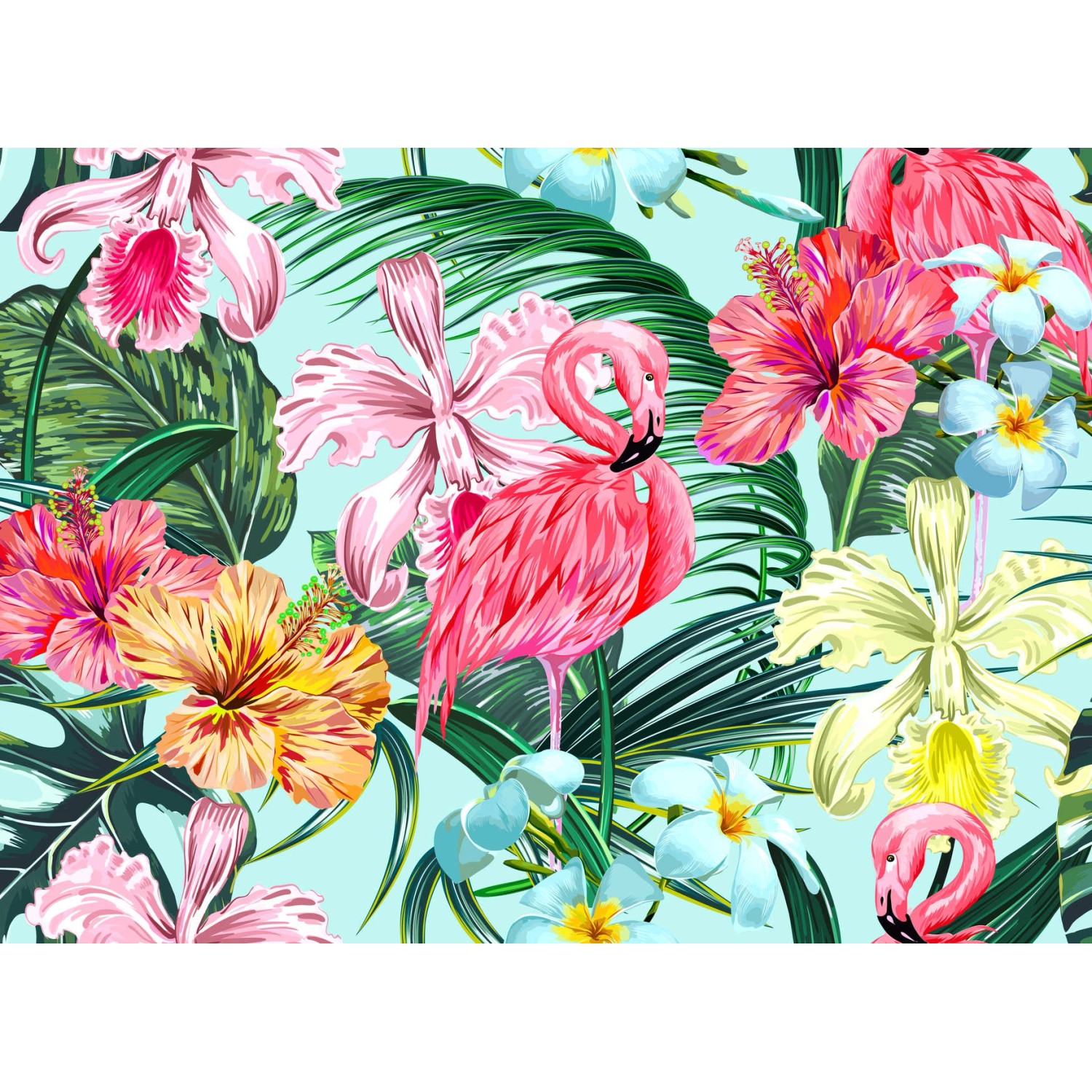 Fototapete Flamingo Blätter Blumen Türkis Rosa 3,50 m x 2,55 m FSC® von -