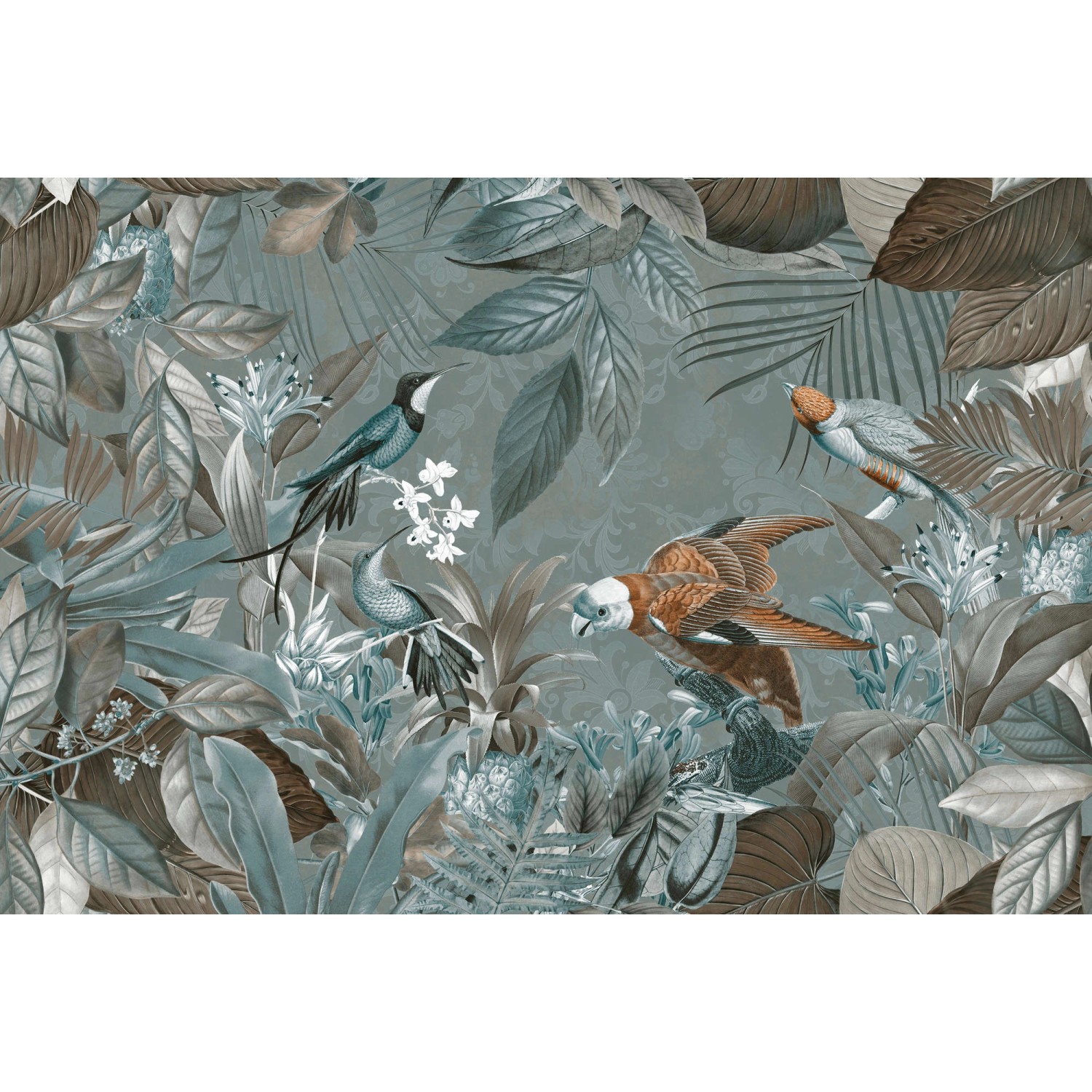 Fototapete Floral Blumen Vögel Grau Grün Braun 4,00 m x 2,70 m FSC® Fototapete Floral Blumen Vögel Grau Grün Braun 4,00 m x 2,70 m FSC® von -