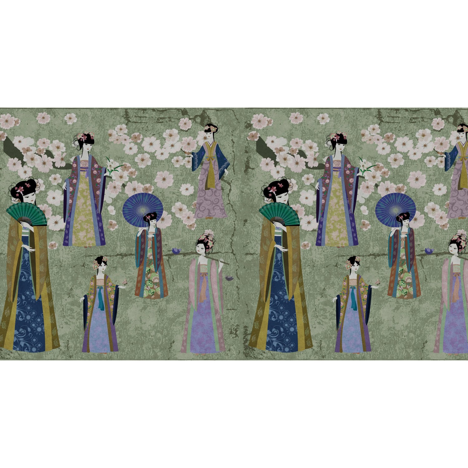 Fototapete Japan Blüten Kimono Geisha Weiß Blau Grau 5,00 m x 2,70 m FSC® von -