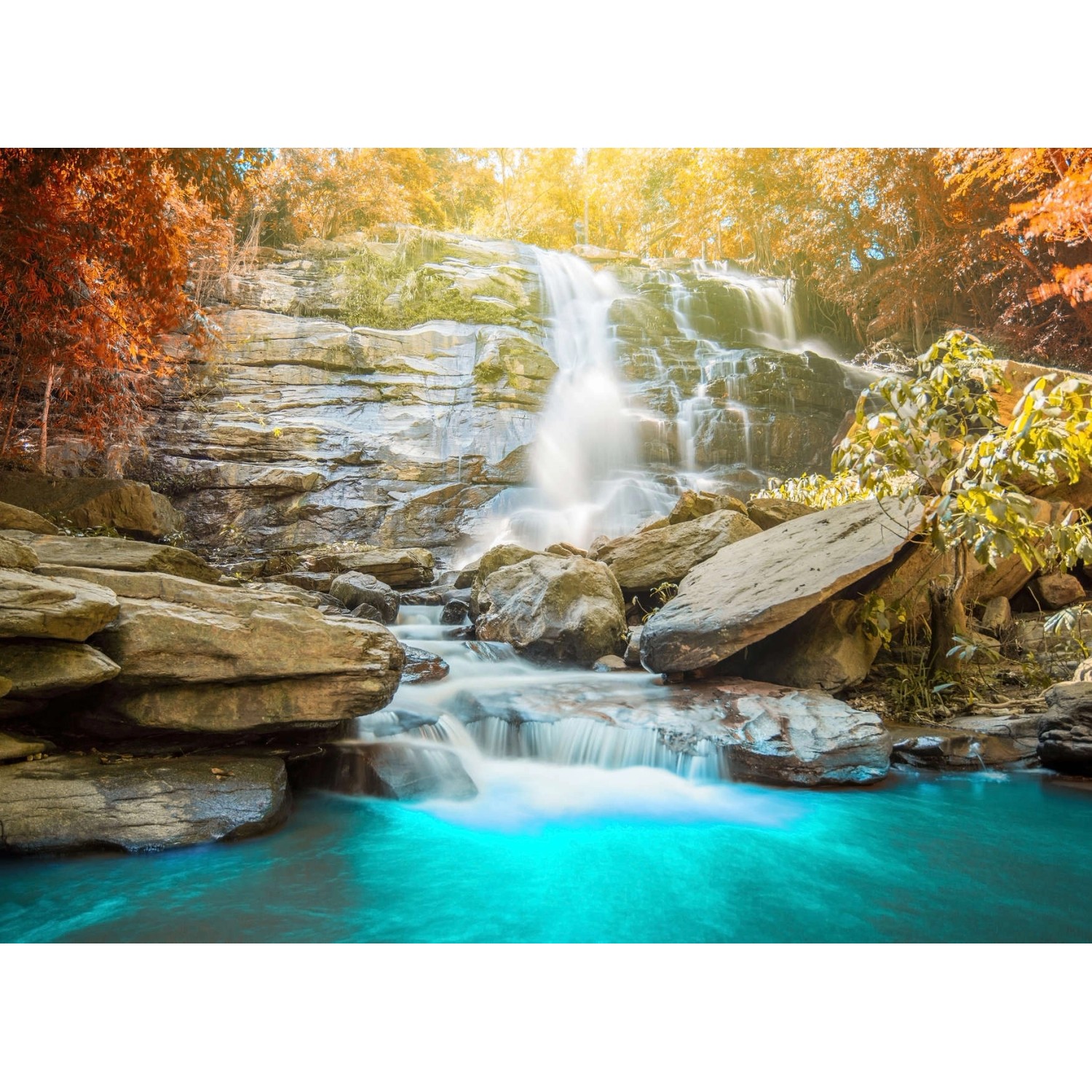 Fototapete Wasserfall Blau Grün Orange  3,50 m x 2,55 m FSC® von -