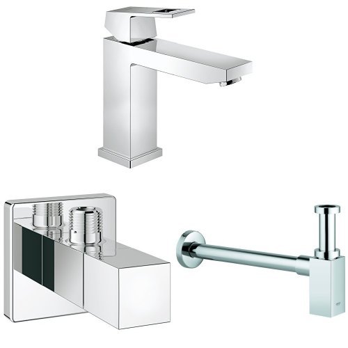 GROHE Eurocube Badarmatur, glatter Körper, mittelhoher Auslauf 23446000 + GROHE Eurocube Eckventil 22012000 + Grohe Geruchverschluss WT 40564000