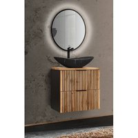 Gäste WC Waschplatz mit Waschtisch Unterschrank 60 cm, LED Spiegel Touch Funktion XANTEN-56 in anthrazit mit Eiche Nb. schwarz gerillt, B/H/T: 62/200/46,5 cm
