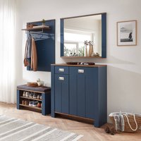 Garderoben Set mit Schuhbank und Spiegel, blau im Landhausstil mit Eiche, DEVON-36