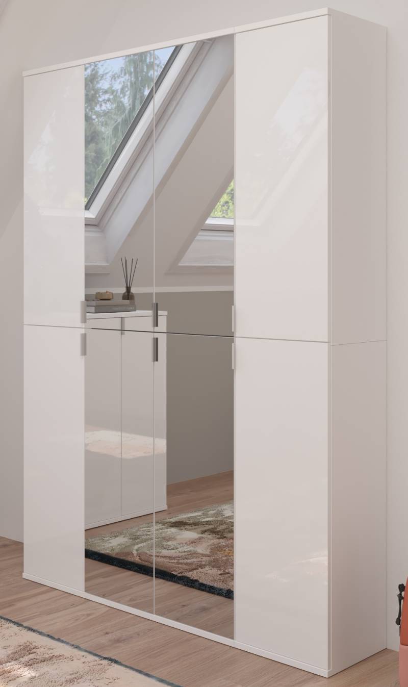 Garderobe und Kleiderschrank "ProjektX" in weiß Hochglanz Mehrzweckschrank mit Spiegeltür 122 x 193 cm