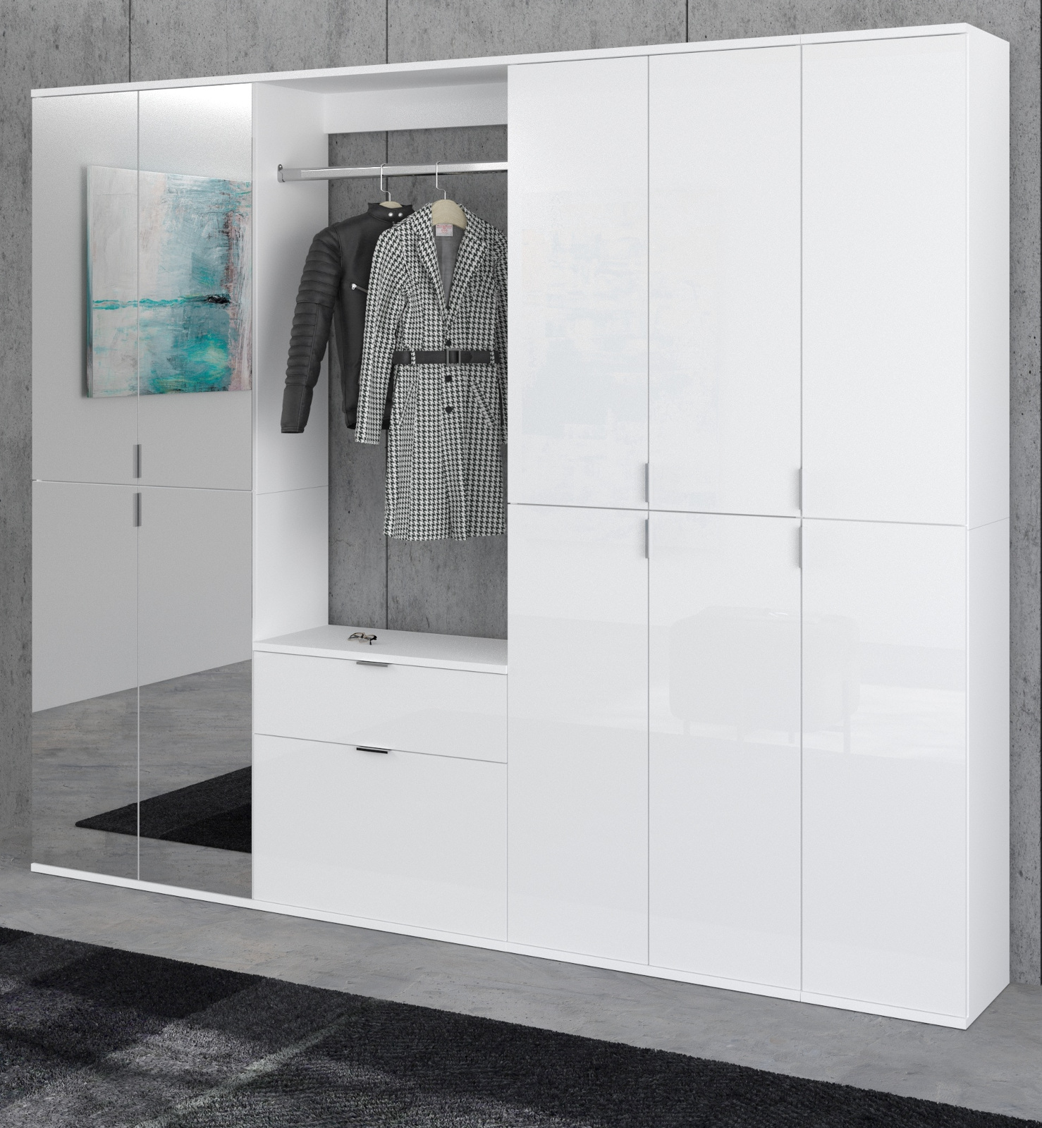 Garderobenschrank mit Spiegel "ProjektX" in weiß Hochglanz Kleiderschrank mit Spiegeltür 213 x 193 cm