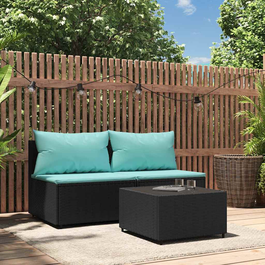 3-tlg. Garten-Lounge-Set mit Kissen Schwarz Poly Rattan Grau und Blau 1 2x Mittelteil 3-tlg. Garten-Lounge-Set mit Kissen Schwarz Poly Rattan Grau und Blau 1 2x Mittelteil