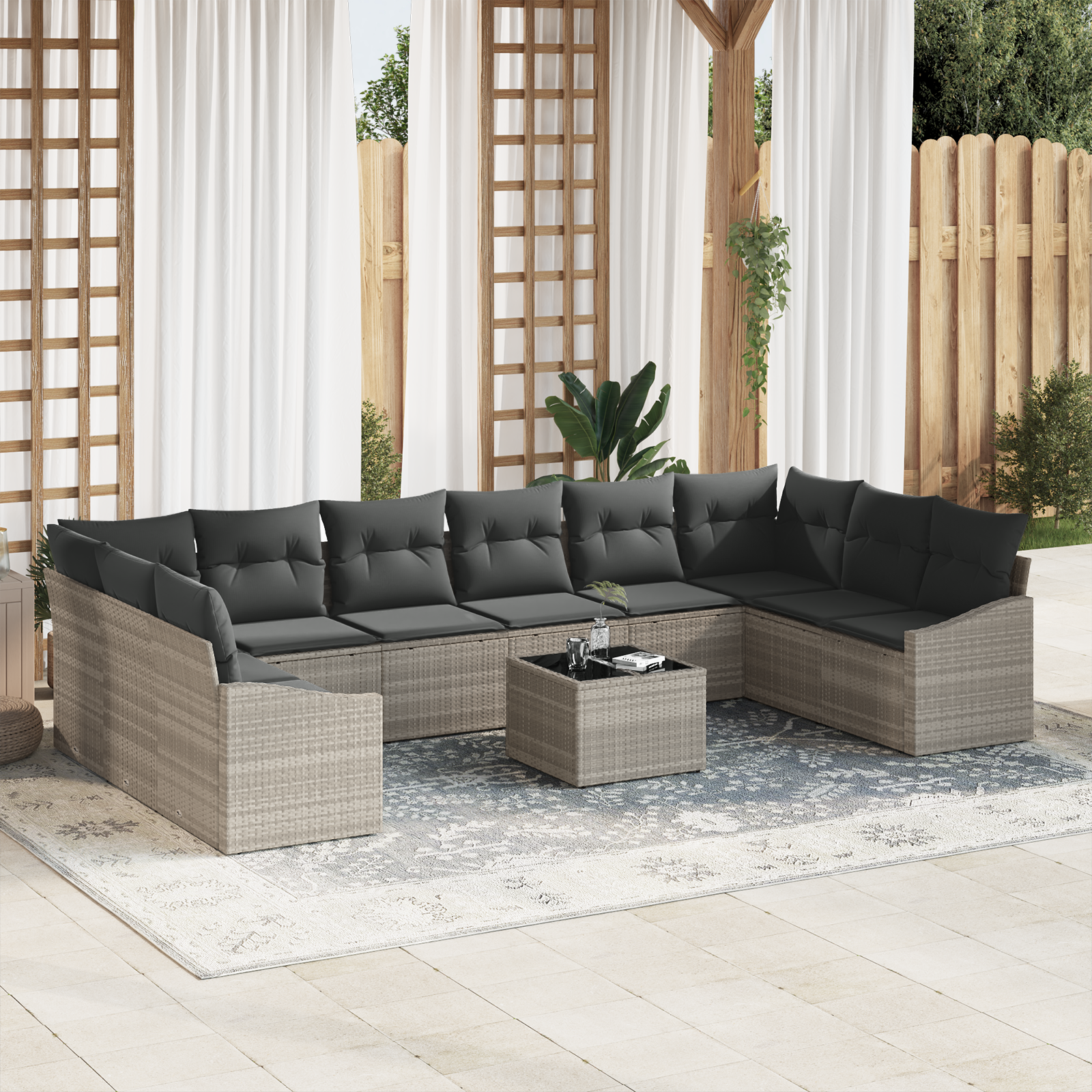 11-tlg. Garten-Essgruppe mit Kissen Grau Poly Rattan
