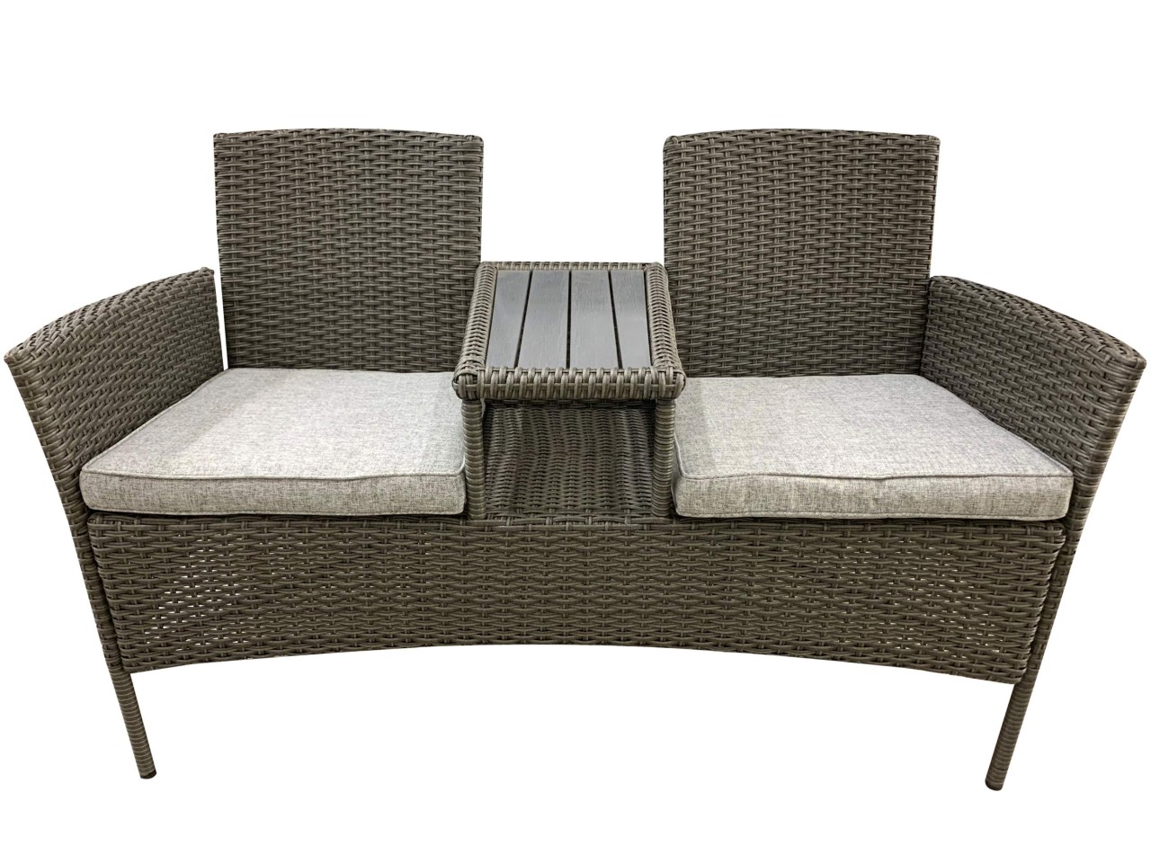 Gartenbank 2-Sitzer 139 x 85 cm mit Tisch & Sitzpolster Rattanoptik grau Gartenbank 2-Sitzer 139 x 85 cm mit Tisch & Sitzpolster Rattanoptik grau