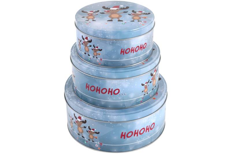 Gebäckdose 3er Set rund blaugrau Ho Ho Ho Elche Metall Dose