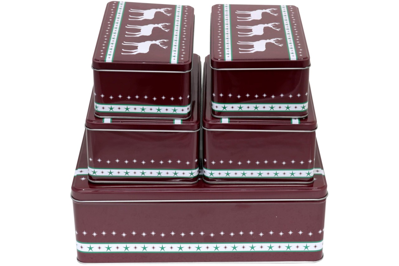 Gebäckdose 5er Set eckig rot Weihnachtsmotiv Rentier Metall