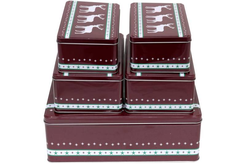 Gebäckdose 5er Set eckig rot Weihnachtsmotiv Rentier Metall