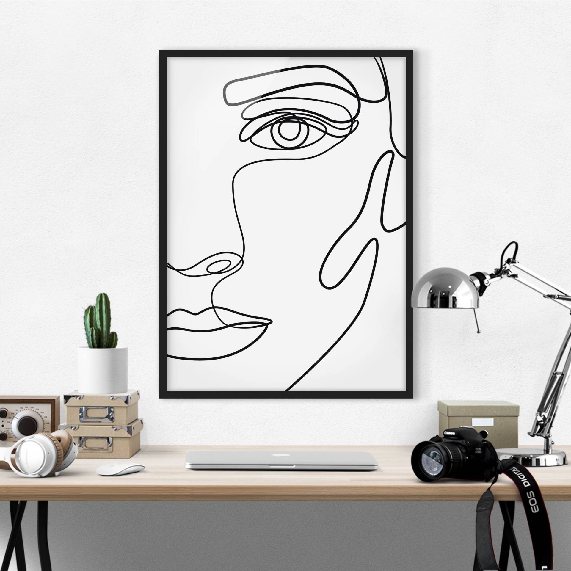Gerahmtes Bild Line Art Portrait Frau Schwarz Weiß