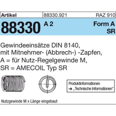 Gewindeeinsätze ART 88330 DIN 8140 A 2 Typ SR AM 10 x 20 A 2 K Gewindeeinsätze ART 88330 DIN 8140 A 2 Typ SR AM 10 x 20 A 2 K von Nobrand