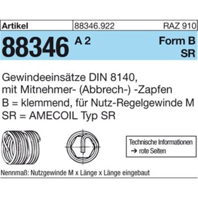 Gewindeeinsätze ART 88346 AMECOIL Typ SR BM 6 x 6 A 2 selbsts. A 2 S von Nobrand