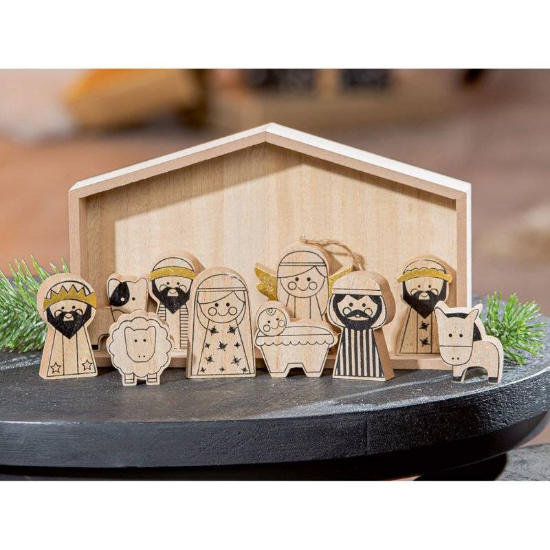 Gilde - Krippe & Figuren - 11tlg. - MDF - gold/natur