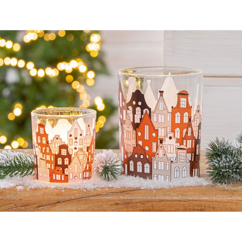 Gilde - Windlicht Stadtlichter - Glas - 8 x 7 cm - braun