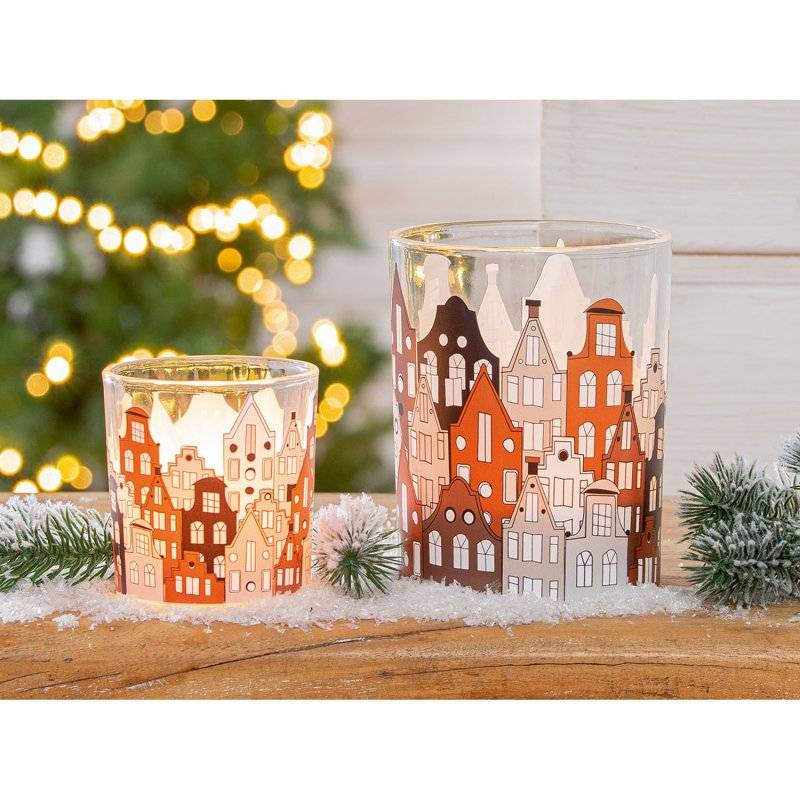 Gilde - Windlicht Stadtlichter - Glas - 8 x 7 cm - braun
