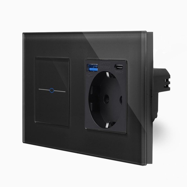 Glas 1-facher Wechselschalter + Steckdose USB-A/C Touch Schwarz LXBG2/LX-701S-MP010U-12 LUXUS TIME Glas 1-facher Wechselschalter + Steckdose USB-A/C Touch Schwarz LXBG2/LX-701S-MP010U-12 LUXUS TIME