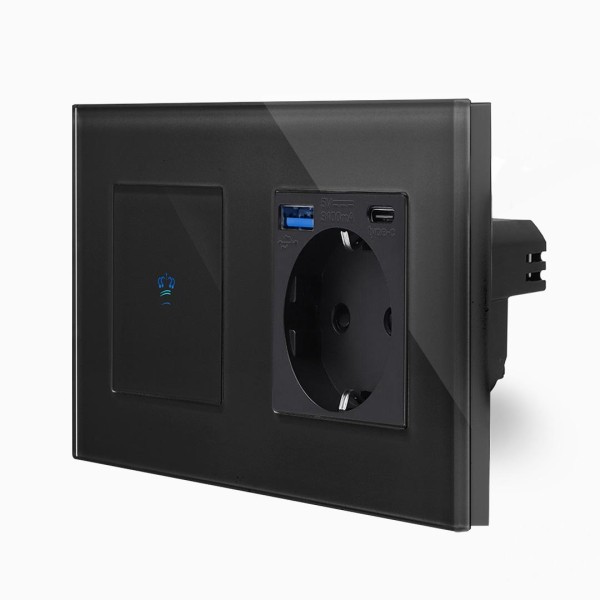 Glas 1-facher Wechselschalter / Kreuzschalter + Steckdose USB-A/C Touch Schwarz LXBG2/K-701S-MP010U-