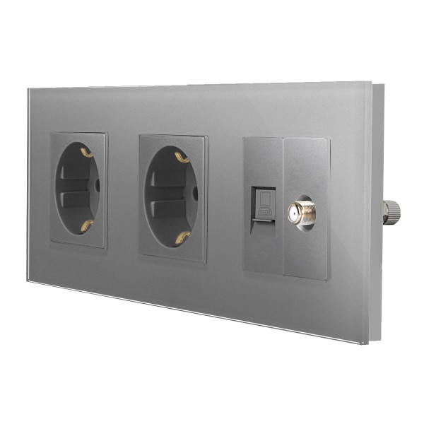 Glas 3-fache Steckdose  + SAT/LAN Grau LXBG3/71-Sat-Netzw-15 LUXUS-TIME