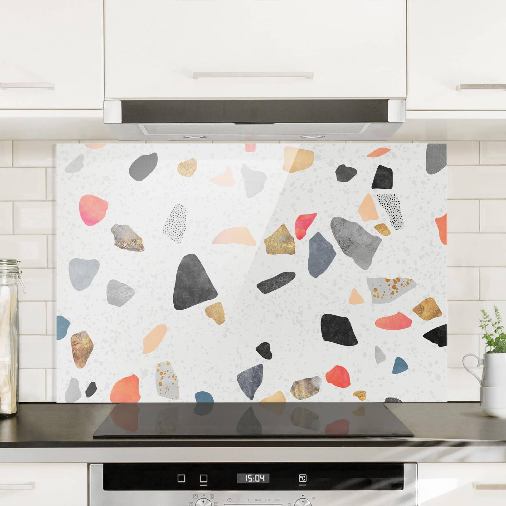 Glas Spritzschutz - Querformat 3:2 Weißer Terrazzo mit Goldsteinchen