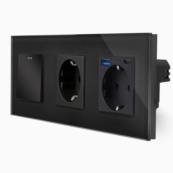 Glas Wipp-Lichtschalter + Steckdose + Steckdose-USB-A/C Schwarz LXBG3/101M-71-MP010U-12 LUXUS TIME Glas Wipp-Lichtschalter + Steckdose + Steckdose-USB-A/C Schwarz LXBG3/101M-71-MP010U-12 LUXUS TIME