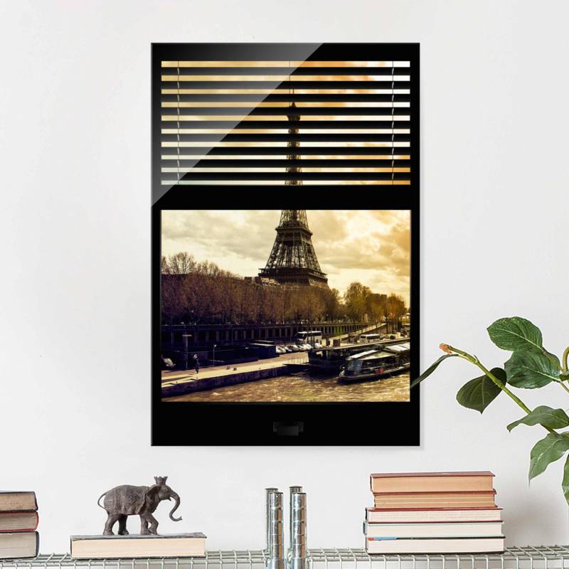 Glasbild - Hochformat Fensterausblick Jalousie - Paris Eiffelturm Sonnenuntergang