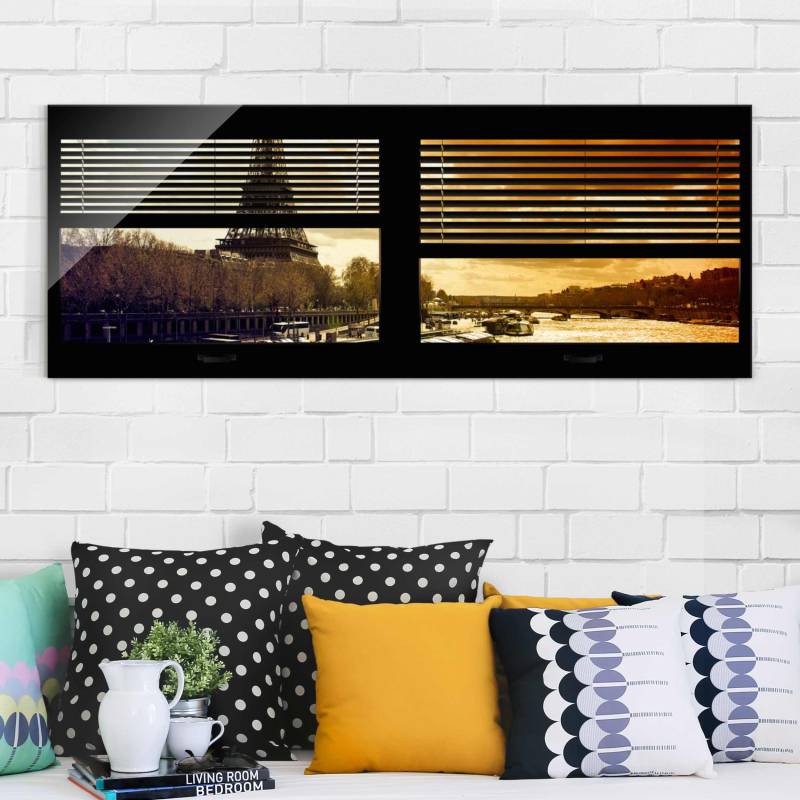 Glasbild - Panorama Fensterausblick Jalousie - Paris Eiffelturm Sonnenuntergang