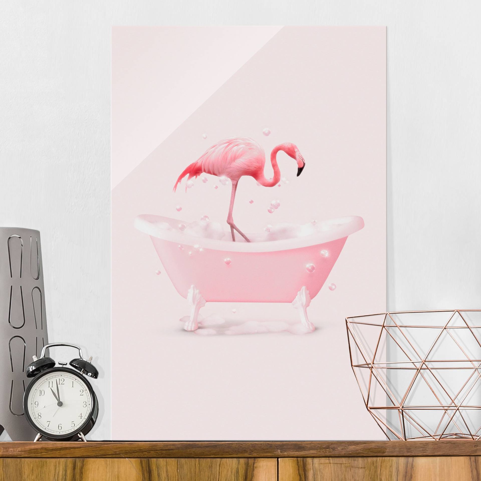 Glasbild Badewannen Flamingo