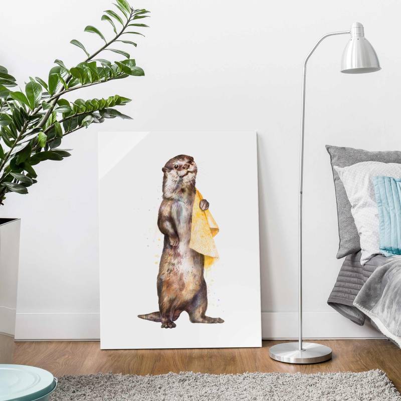 Glasbild - Hochformat Illustration Otter mit Handtuch Malerei Weiß