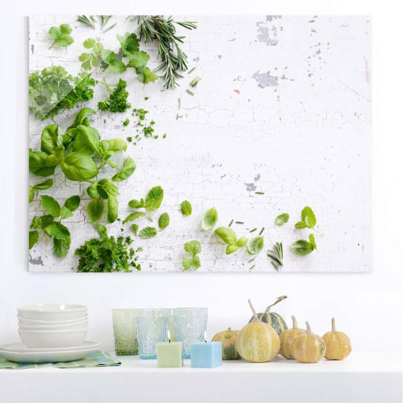 Glasbild - Querformat Kräuter auf Holz Shabby