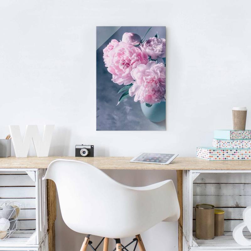 Glasbild Vase mit Rosa Pfingstrosen Shabby