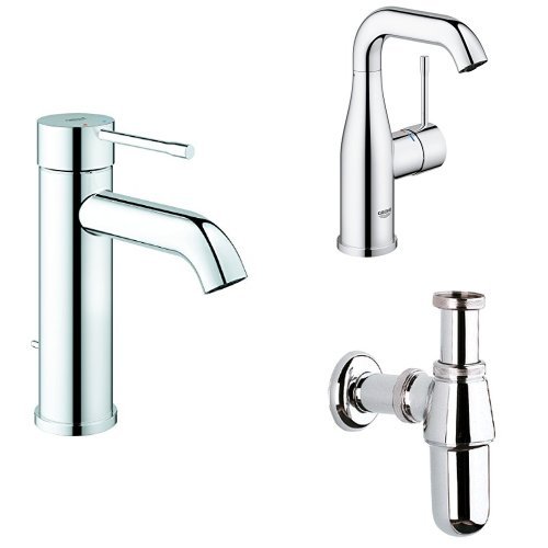Grohe 23589001 Essence Einhand-Waschtischbatterie, S-Size, grau + 2x Waschtischarmatur 23463001, glatter Körper, M-Size + Geruchverschluss 28920 für Waschtische 1 1/4 chrom 28920000
