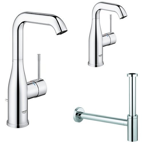 Grohe Essence Einhand-Waschtischbatterie (Zugstange, L-Size) 32628001 + 2x Waschtischarmatur 23463001, glatter Körper, M-Size + Geruchverschluss 28912 ür Waschtische 1 1/4 messing chrom 28912000