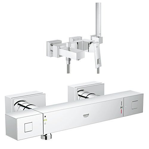 Grohe Eurocube Einhand-Wannenbatterie (mit Handbrause Wandhalter und Schlauch und Grohe Grohtherm Cube Brausethermostat)