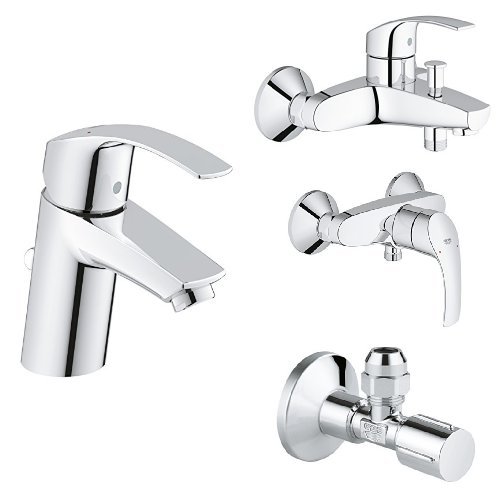 Grohe Eurosmart Waschtischarmatur S Size + Eurosmart Einhand-Wannenbatterie + Eurosmart Brausearmatur + 2x Grohe Eckventil