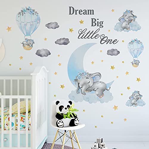 Groß Deco Wandtattoo Blau Baby Elefant, Niedlich Fünf Elefanten Blau Mond Graue Sternenwolke Wandsticker, JOENCOST Abnehmbar Kindergarten Wandaufkleber Baby Kinder Jungen Mädchen Schlafzimmer Wiege von JOENCOST