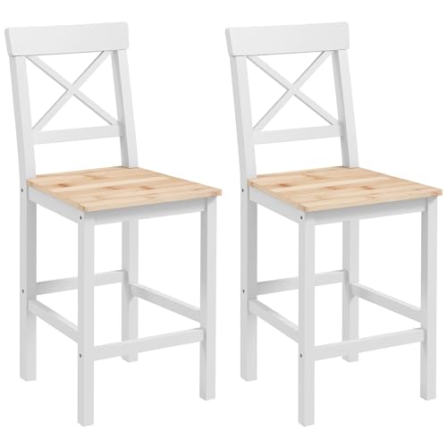 HOMCOM 2er Set Barhocker Sitzhöhe 60,2 cm Küchenhocker aus Holz mit Rückenlehne und Fußstütze Belastung 120 kg für Esszimmer Wohnzimmer Natur und Weiß von HOMCOM