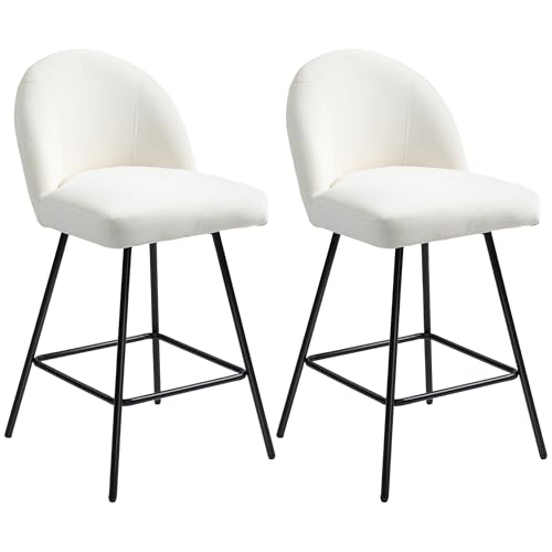 HOMCOM 2er Set Barhocker mit Samtrückenlehne, Hochstühle mit Fußstützen für Kücheninsel und Bartheke, Weiß-Creme HOMCOM 2er Set Barhocker mit Samtrückenlehne, Hochstühle mit Fußstützen für Kücheninsel und Bartheke, Weiß-Creme