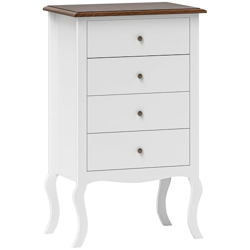 HOMCOM 4 Schubladen Kommode Französisch Stil Schlafzimmer Kommode mit Anti-Kipp Design Kommode für Wohnzimmer Flur 60x40x98,5 cm Weiß & Eiche