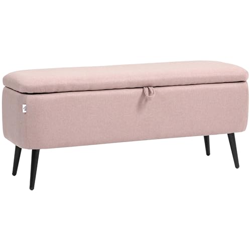 HOMCOM Aufbewahrungsbank Leinen gepolstert Aufbewahrungshocker mit klappbarem Deckel und Stahlbeinen für Schlafzimmer Wohnzimmer Eingangshalle Belastung 150 kg 101x38,5x44,5 cm Rosa
