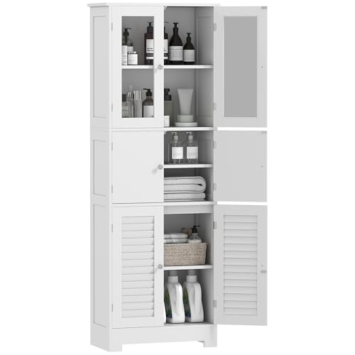 HOMCOM Badezimmer-Säulenschrank mit 3 Schränken mit 2 Türen, Mehrzweckschrank mit Glas- und Rollladentüren, 60x30x170,5cm, Weiß von HOMCOM